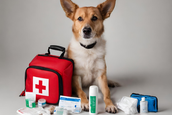 Hund mit Erste Hilfe Notfall Tasche